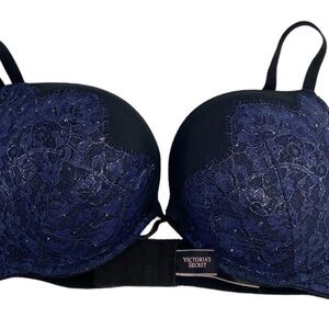 Victoria’s Secret Bombshell Plunge Black Blue Lace Padded Underwire 36C Bra